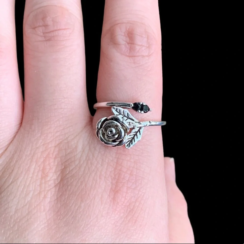 STERLING SILVER ROSE AND BLACK CZ RING - Picture 5 of 11